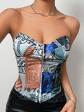 Hulianfu Corset Tops for Women Vintage Floral Pattern Printed Corset Draw String Drawstring Vest Sexy Top