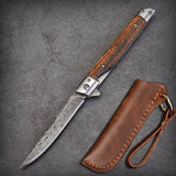 HULIANFU M390 Steel Folding Knife with Holster Wooden Handle Damascus Pattern High Hardness Outdoor Hunting Knife  Camping Survival Tools