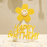 HULIANFU ins Kids Yellow Flower Birthday Hat Little Daisy Party Hat Baby Shower Headwear White Happy Birthday Smile Headband