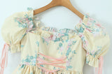 Hulianfu Women Summer Fashion Sweet Floral Print Mini Dress Vintage Square Collar Chic Wood Ear Princess Dresses