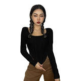 Hulianfu Women Y2k Long Sleeve Basic Slim Crop Top Irregular Texture Skinny Tee Ribbed Stretchy Shirts Bodycon Blouse