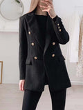 Hulianfu Blazer Women Traf Fashion Metal Double Breasted Woollen Blazers Coat Vintage Long Sleeve Female Outerwear Chic Tops