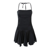Hulianfu Spring Summer New Sexy Slim Fashion Women Halter Neck Tie Backless Pleated Short Strap Mini Dress Female