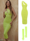 Hulianfu Summer Midi Mesh Dress Bodycon One Shoulder Eveining Night Party Dresse Cut Out Draped Women Birthday Dress Elegant Stretch