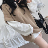Hulianfu Sweater Vests Women Knitted Tank Sweaters V-neck Solid Sleeveless Casual Long Sleeves Vintage Spring/Autumn Female High Street