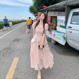 Hulianfu Vinatge Sweet French Midi Dresses Women Casual Short Sleeve Beading Chiffon Dress Elegant Female Party One Piece Dress Korean
