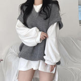 Hulianfu Sweater Vests Women Knitted Tank Sweaters V-neck Solid Sleeveless Casual Long Sleeves Vintage Spring/Autumn Female High Street