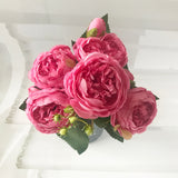 HULIANFU 2023 30cm Rose Pink Silk Peony Artificial Flowers Bouquet 5 Big Head and 4 Bud Cheap Fake Flowers for Home Wedding Decoration indoor