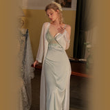 hulianfu 2 Pcs Lace Pajamas Nightgown Long Bride Robe Nightdress Wedding Pijama Silk Bathrobe Female Sexy Women Sleepwear