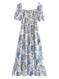 Hulianfu New Summer Women Vintage Fruit Floral Print Square Neck Puff Sleeves Elastic Sexy Side Slit Long  Midi Dress