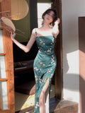 Hulianfu Women Slash Neck Sexy Strapless Retro Green Printing Elegant Temperament Fitting Suspender Slit Bodycon Long Midi Dress Summer