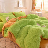 HULIANFU Nordic Pure Color Plush Duvet Cover Set with Sheet Pillow Covers Furry Winter Warm Kawaii Bedding Set Luxury Single Bed Sets