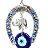 HULIANFU Turkish Blue Eye Horseshoe with Elephant and Ribbon Wall Hanging Amulet Ethnic Lucky Gift Pendants Home Car Hanging Decorations
