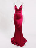 Deep V Neck Black Satin Maxi Dress Long Mermaid Bodycon Floor Length Open Back Stretch Cut Out Party Dress