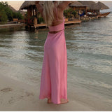 hulianfu Pink Camis Long Dresses Women Satin Cut Out Sleeveless Slip Dress Female Backless Sexy Party Dresses Summer Slit Midi Dress