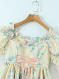 Hulianfu Women Summer Fashion Sweet Floral Print Mini Dress Vintage Square Collar Chic Wood Ear Princess Dresses