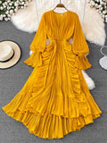 hulianfu Holiday Style Ankle Length Long Dresses Women  Spring New V Neck Puff Sleeve Lace Elegant Evening Party Summer Dress