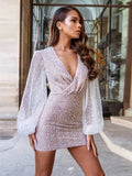 Hulianfu Sexy Sequins Women Party Mini Dress V-Neck Lantern Long Sleeve Female Night Club Evening Dresses Bodycon Short Dress Summer