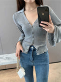 Hulianfu Knitting T-shirt Women Slim Sexy Long Sleeve Daily V-neck Casual Korean Style Pure Retro Minimalist Hot Girls Spring See-through
