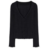Hulianfu Knitting T-shirt Women Slim Sexy Long Sleeve Daily V-neck Casual Korean Style Pure Retro Minimalist Hot Girls Spring See-through