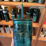 HULIANFU Large capacity 550ml green color Mermaid print Lead-free glass cups with lid and straw