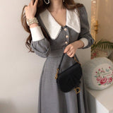 Hulianfu Vintage Lace Plaid Chic Puff Sleeve Woman Dresses Women Korean Temperament Office Lady Lapel Robe Slim Waist Long Sleeve Dress