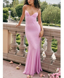hulianfu Sexy V Neck Sling Backless Maxi Mermaid Dress Elegant Pink Spaghetti Strap Bodycon Long Dress Mermaid Gown Celebrity Party Dress