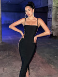 Hulianfu Elegant Side Hollow Out Backless Sexy Midi Dress For Women Gown Summer New Spaghetti Strap Sleeveless Club Party Dress