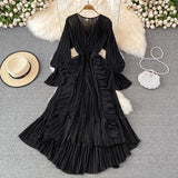 hulianfu Holiday Style Ankle Length Long Dresses Women  Spring New V Neck Puff Sleeve Lace Elegant Evening Party Summer Dress