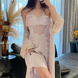 hulianfu Summer Female Lace Nighty&Robe Set Women Bathrobe Gown Nightgown Suit Lingerie Satin Kimono Sleepwear Home Dress Loungewear