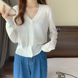 Hulianfu Summer V Neck Cardigan Women Casual Transparent Sweater Shirts Lady Simple Thin Solid Outwear Female Crop Top