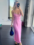 Hulianfu Pink Camis Satin Long Dresses Elegant Sleeveless Slip Holiday Party Dresses Sexy Casual Backless Summer Dresses Women 2023