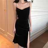 Hulianfu New Vintage Women Dress Spaghetti Strap Slit Velvet Black Dress Sexy Bodycon Bandage Dress Midi Party Dress Verano Vestidos