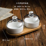 HULIANFU New Ceramic Dessert Bowl Snack Dish Taste Fruit Salad Ice Cream  Pudding Cup With Bamboo Tray Glass Cover Creative Tableware