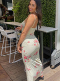 Hulianfu Fashion Flower Print Spaghetti Strap Dress Women Elegant V Neck Backless Midi Dresses 2023 Summer New Sweet Ladies Vestidos