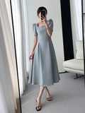 Hulianfu Vintage Square Collar Casual French Midi Dress for Women Elegant Party Ladies Pleated A-Line Femme Fashion Bodycon Dress Summer