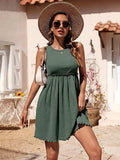 Summer Sleeveless Mini Dress Women Fashion Crewneck Ribbed Knit Cute Ruffle Swing Flowy Beach Casual Tank Short Dresses