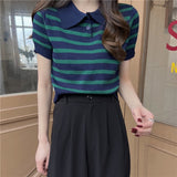 Hulianfu Summer Vintage Striped Polo Collar T Shirts Women's Knitted Short Sleeve Thin Cropped Tshirt Crop Top For Slim Girls