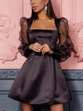 hulianfu  Elegant Puff Shoulder Long Sleeve Party Dress Spring Fashion Sexy Square Collar Mini Dress New Women Sheer Mesh Silk Satin Dress