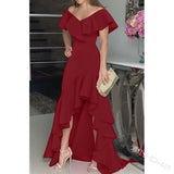 hulianfu European American Elegant Party Dresses Sexy V-neck Irregular Solid Color Maxi Dress Hem Ruffle Women Short Sleeve Floor-Length