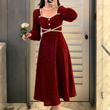 Hulianfu Vintage Button Dresses for Women Fairy Midi Party Dress Evening Office Lady Design One Piece Dress Elegant Korean Spring