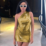Hulianfu Pu Leather One Shoulder Sleeveless Draped Mini Prom Dress 2023 Summer Fall Women Elegant Y2K Evening Party Club Clothes