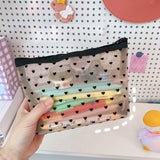 HULIANFU Mesh Cosmetic Makeup Bags Case Holder Cute Transparent Zipper Black Heart Printed Pencil Pen Case Pouch Convenient To Carry