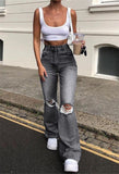 Hulianfu new style micro-bladed jeans women's ripped European and American high-waisted wide-leg flared trousers all-match loose