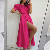Hulianfu Women's Summer Long Dress Slit 2023 Orange Elegant Short Sleeve Maxi Dresses Office Ladies Buttons Holiday Shirt Dress For Women