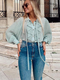 hulianfu Snican pleated sleeve cascading ruffle bow tie office ladies blouse chic fashion female tops women camisas femininas Chiffon New