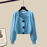 Hulianfu Winter Knit Sets Womens Outfits French Vintage Square Collar Knitted Sweater And Wide Leg Pants Two Pieces Sets Office Lady Sets