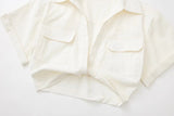 hulianfu Pockets Turn Down Collar Shirt Crop Top Cotton Linen White High Fashion Blusa Mujer Loose Casual Summer Spring Blouse