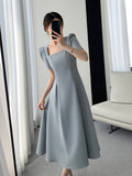 Hulianfu Vintage Square Collar Casual French Midi Dress for Women Elegant Party Ladies Pleated A-Line Femme Fashion Bodycon Dress Summer