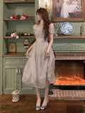 French Elegant Fairy Midi Dress Office Lady One Piece Dress Korean Fashion Summer Pure Color Sweet Even Party Dress Woman